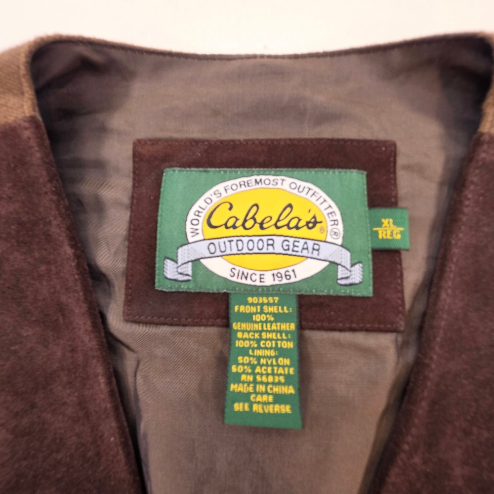 Cabelas Mens XL Brown Suede Leather Cotton Canvas Back Outdoor Western Vest - Picture 3 of 10